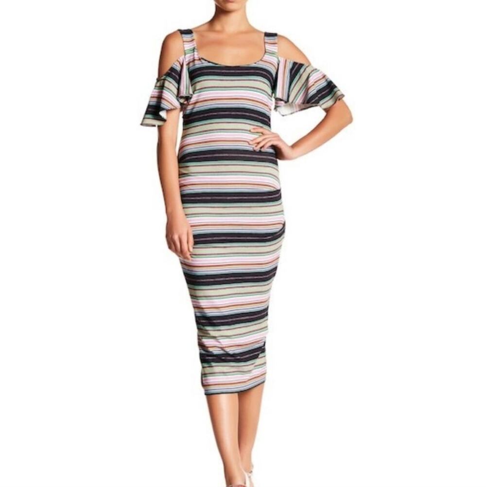 Nicole Miller Artelier Striped Cold Shoulder Flutter Sleeve Open Back Dress S